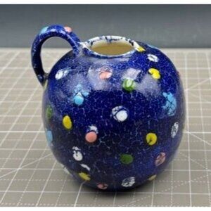 MCM Hand-Painted Blue Ceramic Jug Multicolor Polka Dot Splash